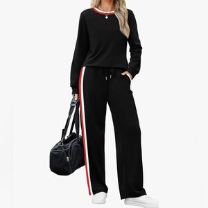 Women’s Black Two-Piece Lounge Set with Red & White Stripe